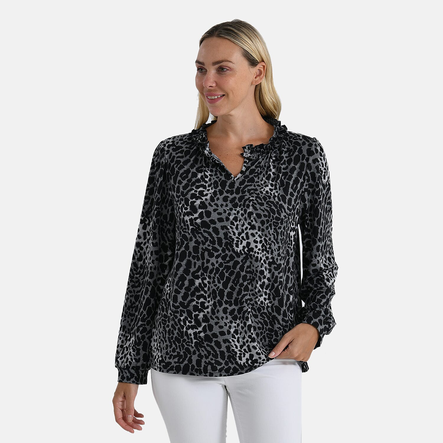 La Marey Frill Jersey Blouse (Size XL, 20 to 22) - Grey & Black