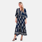 La Marey Bohemian Geometric Ethnic Print V-Neck Maxi Dress (One Size) - Navy Blue