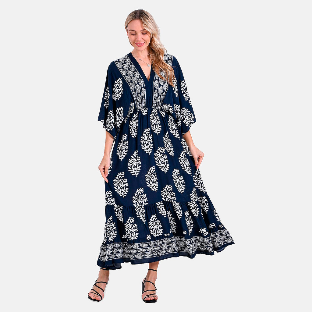 La Marey Bohemian Geometric Ethnic Print V-Neck Maxi Dress (One Size) - Navy Blue