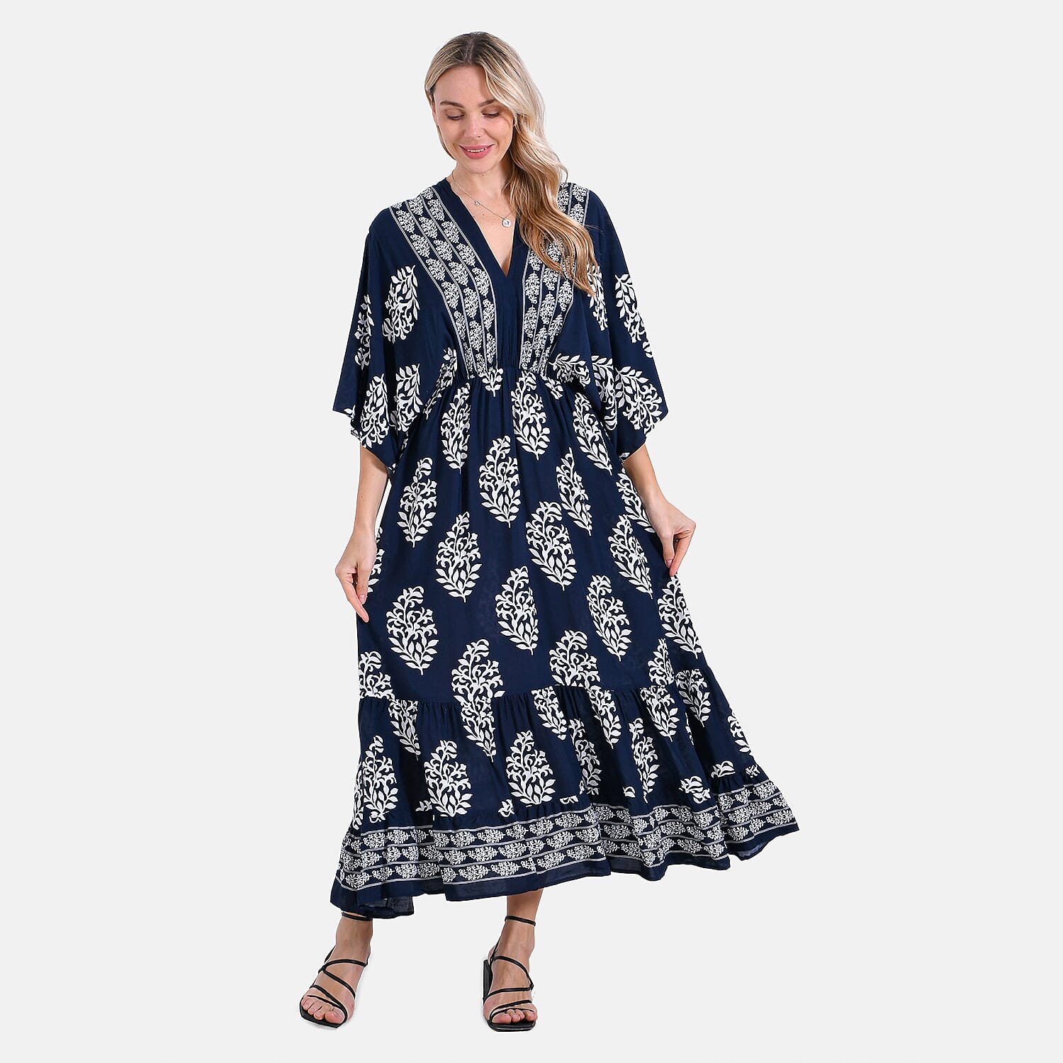 La Marey Bohemian Geometric Ethnic Print V-Neck Maxi Dress (One Size) - Navy Blue