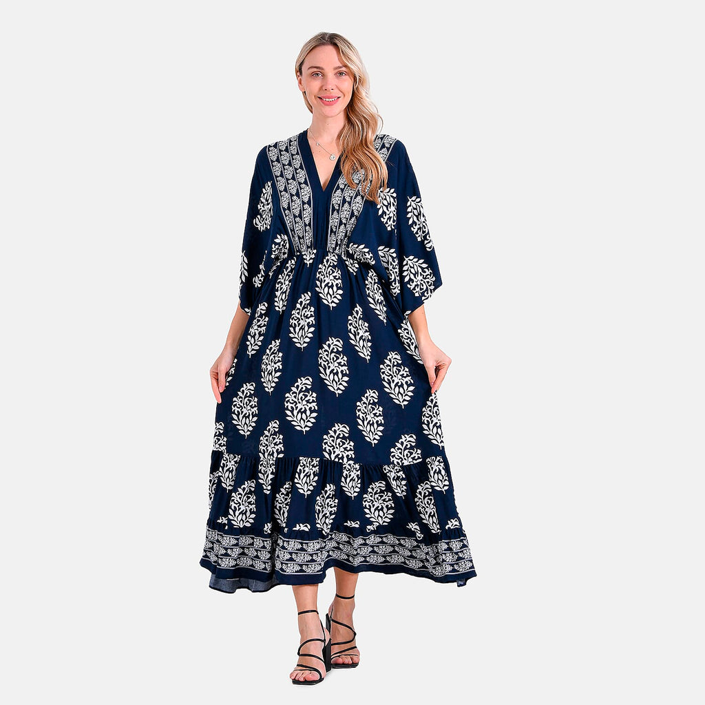 La Marey Bohemian Geometric Ethnic Print V-Neck Maxi Dress (One Size) - Navy Blue