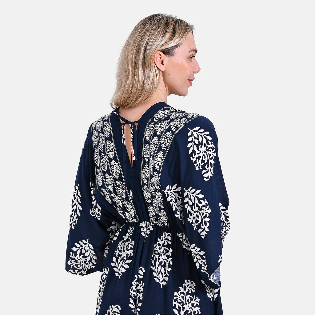 La Marey Bohemian Geometric Ethnic Print V-Neck Maxi Dress (One Size) - Navy Blue