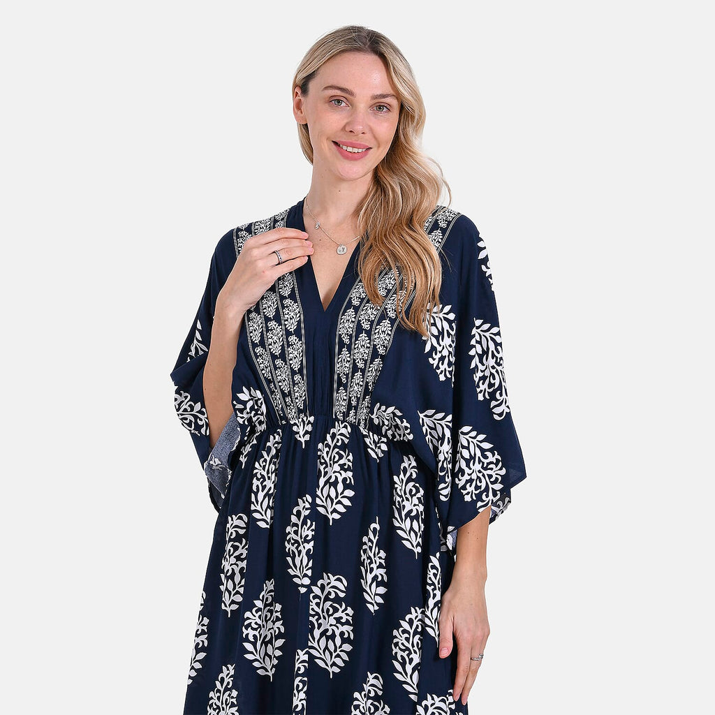 La Marey Bohemian Geometric Ethnic Print V-Neck Maxi Dress (One Size) - Navy Blue