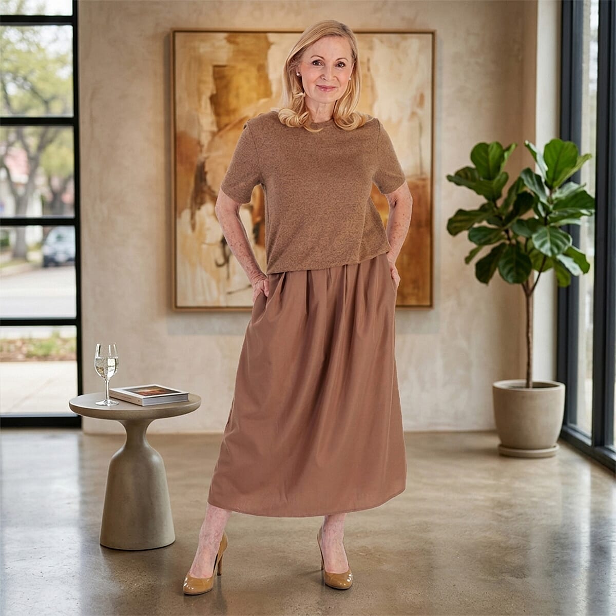 La Marey 2 In 1 Brushed Top Hybrid Dress With Pocket (Size M, Fit 12 To 14) - Chocolate