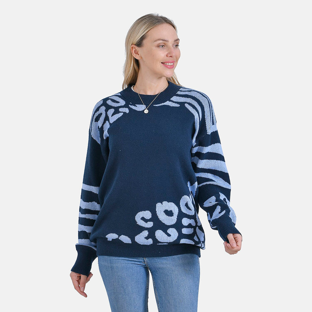 La Marey R-Neck Leopard Print Sweater - Navy (Size 8 to 14)