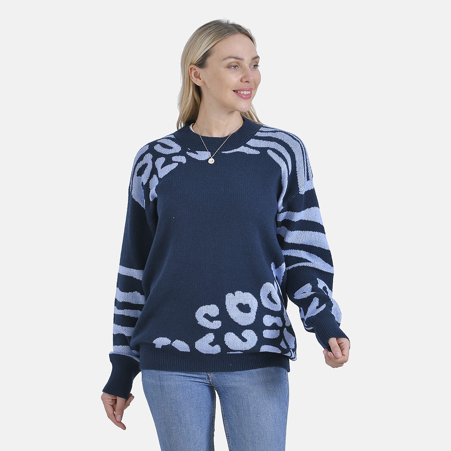 La Marey R-Neck Leopard Print Sweater - Navy (Size 8 to 14)