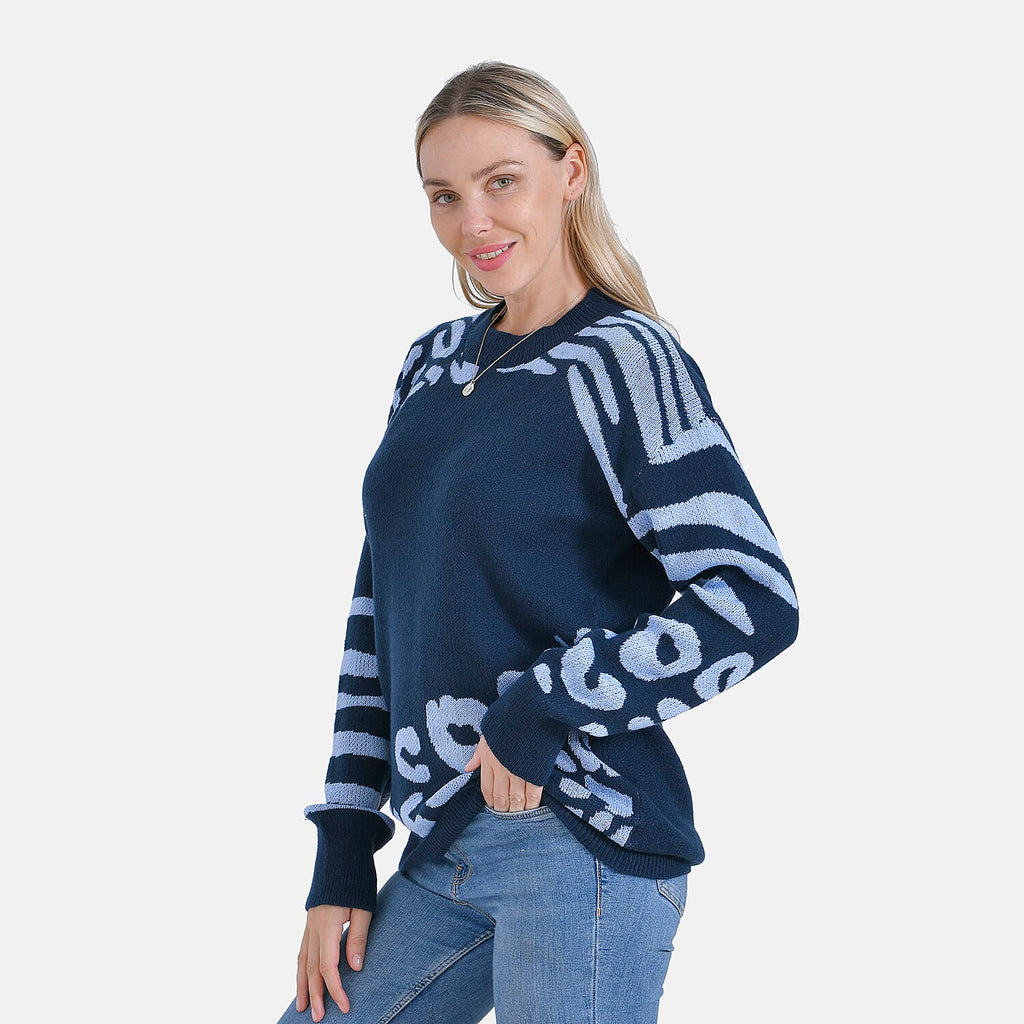 La Marey R-Neck Leopard Print Sweater - Navy (Size 8 to 14)