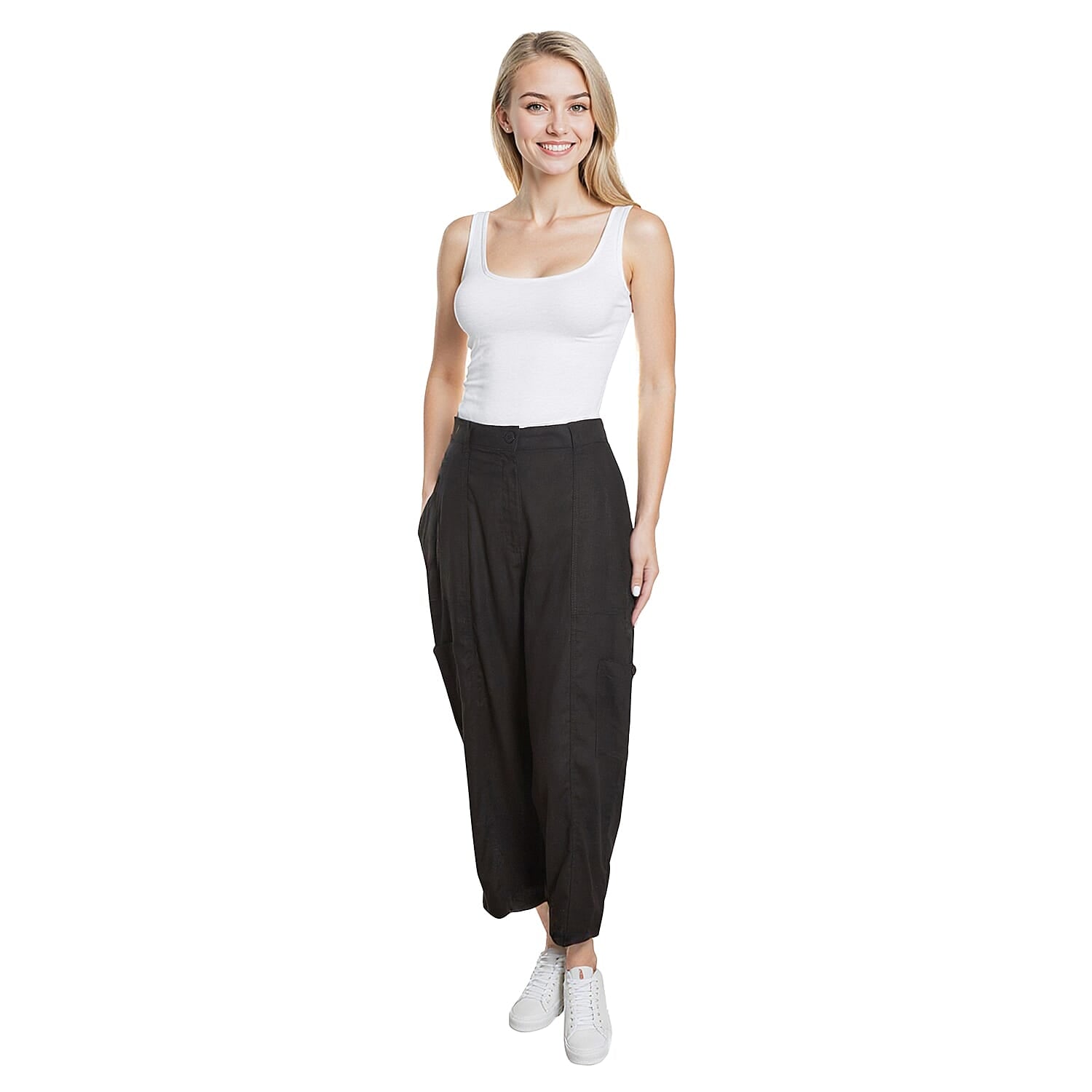 La Marey Relaxed Fit 3-4 Length Cargo Capri Pants with Pockets (Size 10) - Black