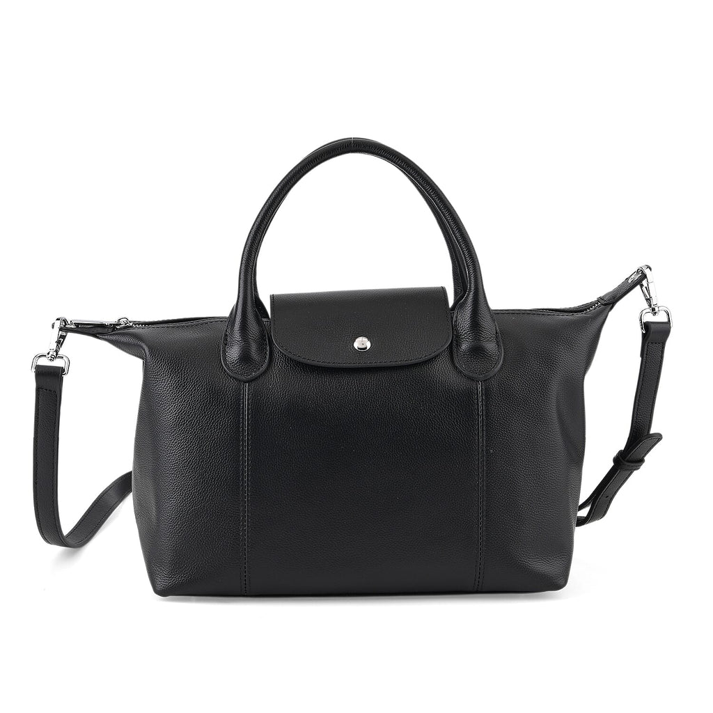 Designer Inspired Genuine Leather Structured Handbag with Adjustable Crossbody Strap - Black