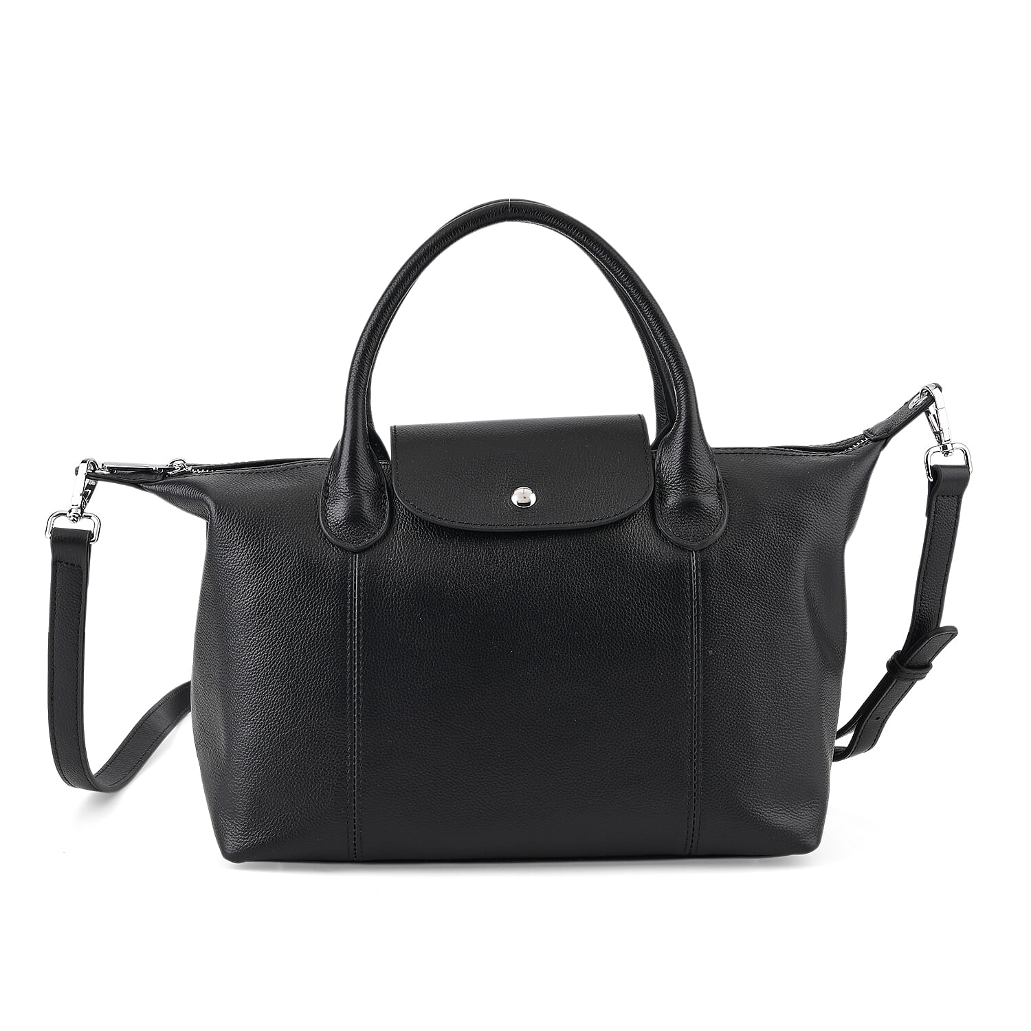 Designer Inspired Genuine Leather Structured Handbag with Adjustable Crossbody Strap - Black