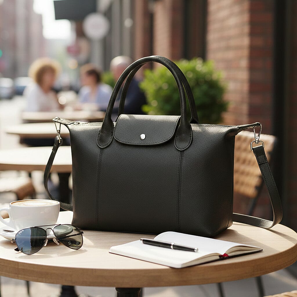 Designer Inspired Genuine Leather Structured Handbag with Adjustable Crossbody Strap - Black
