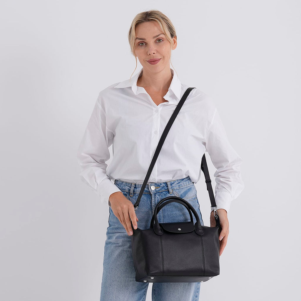 Designer Inspired Genuine Leather Structured Handbag with Adjustable Crossbody Strap - Black