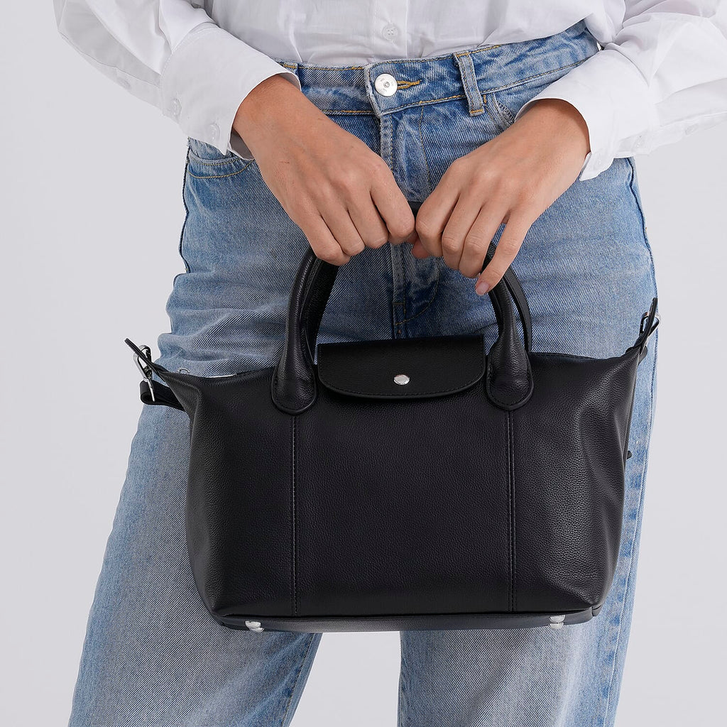 Designer Inspired Genuine Leather Structured Handbag with Adjustable Crossbody Strap - Black