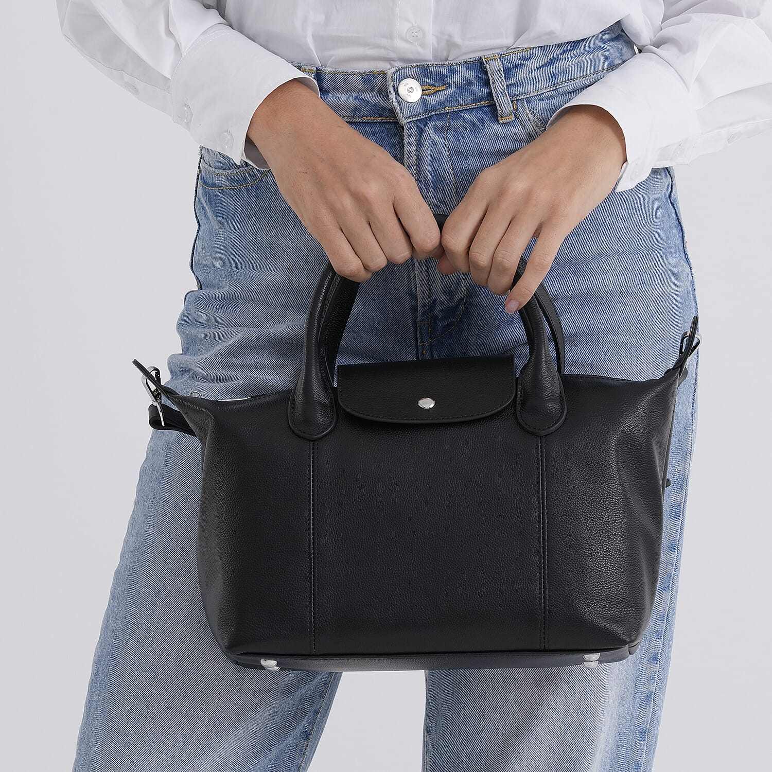 Designer Inspired Genuine Leather Structured Handbag with Adjustable Crossbody Strap - Black