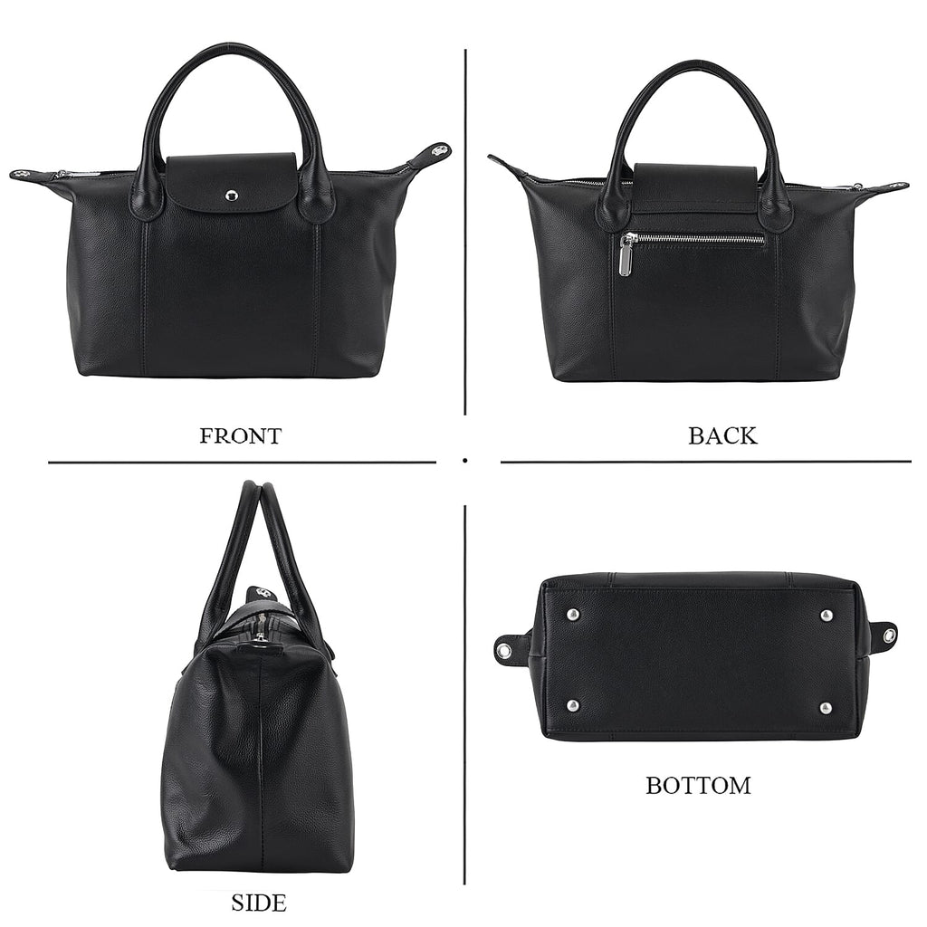 Designer Inspired Genuine Leather Structured Handbag with Adjustable Crossbody Strap - Black