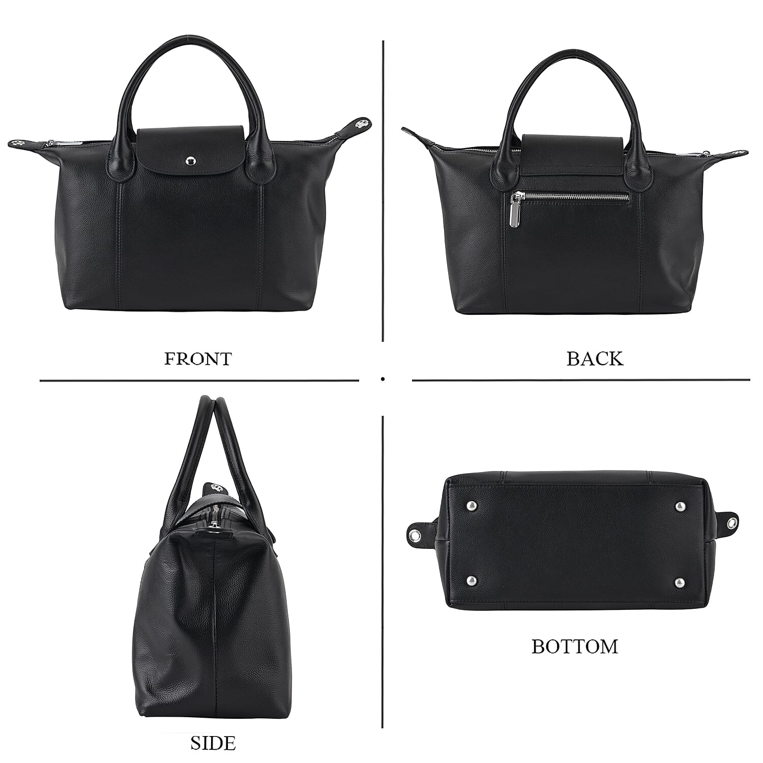 Designer Inspired Genuine Leather Structured Handbag with Adjustable Crossbody Strap - Black