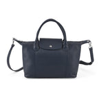Designer Inspired Genuine Leather Structured Handbag with Adjustable Crossbody Strap - Blue