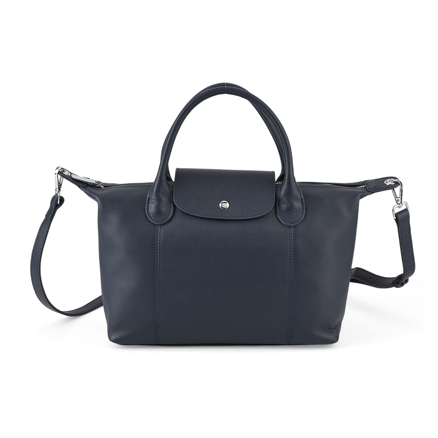 Designer Inspired Genuine Leather Structured Handbag with Adjustable Crossbody Strap - Blue