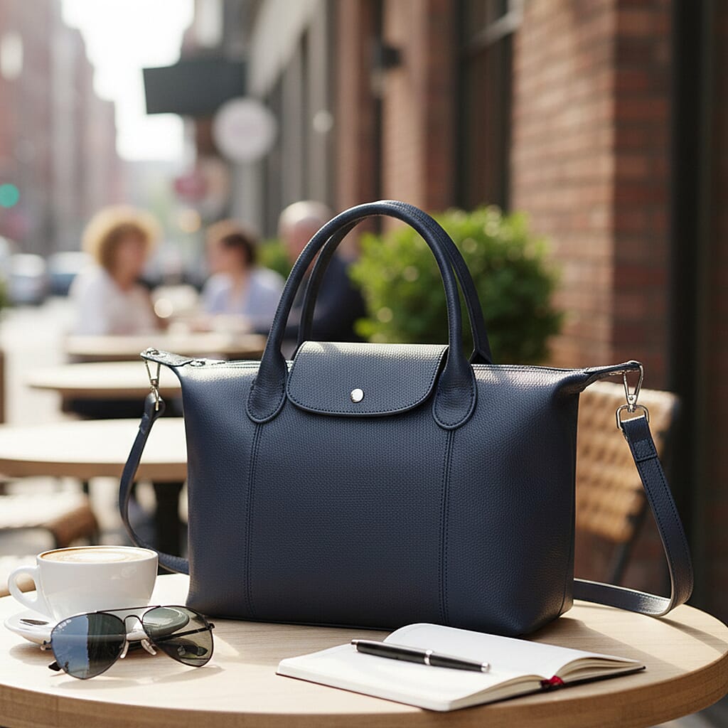 Designer Inspired Genuine Leather Structured Handbag with Adjustable Crossbody Strap - Blue