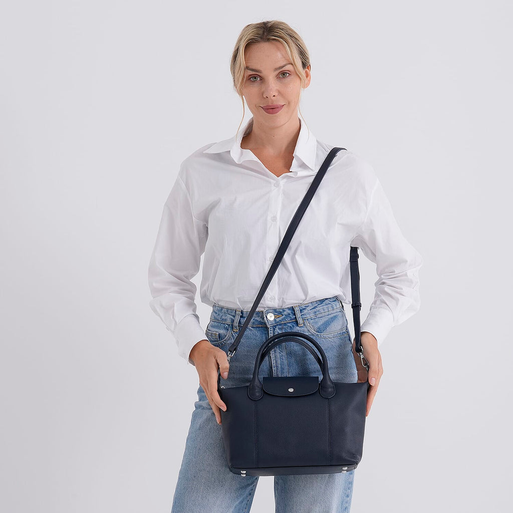 Designer Inspired Genuine Leather Structured Handbag with Adjustable Crossbody Strap - Blue