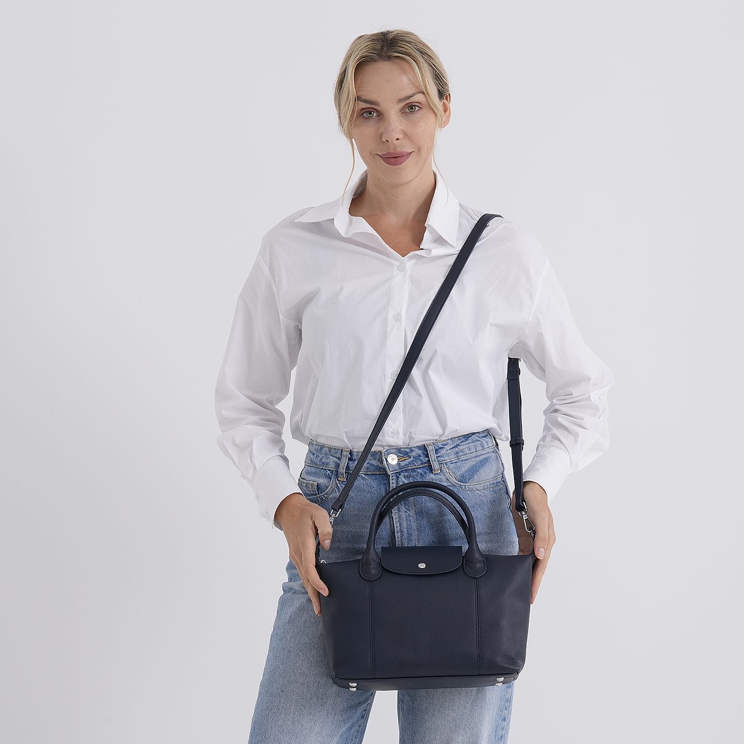 Designer Inspired Genuine Leather Structured Handbag with Adjustable Crossbody Strap - Blue