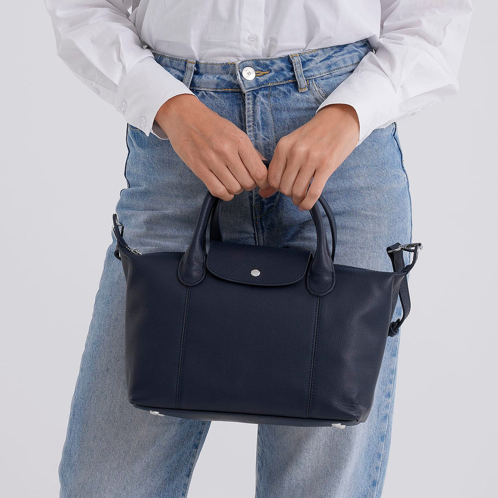 Designer Inspired Genuine Leather Structured Handbag with Adjustable Crossbody Strap - Blue