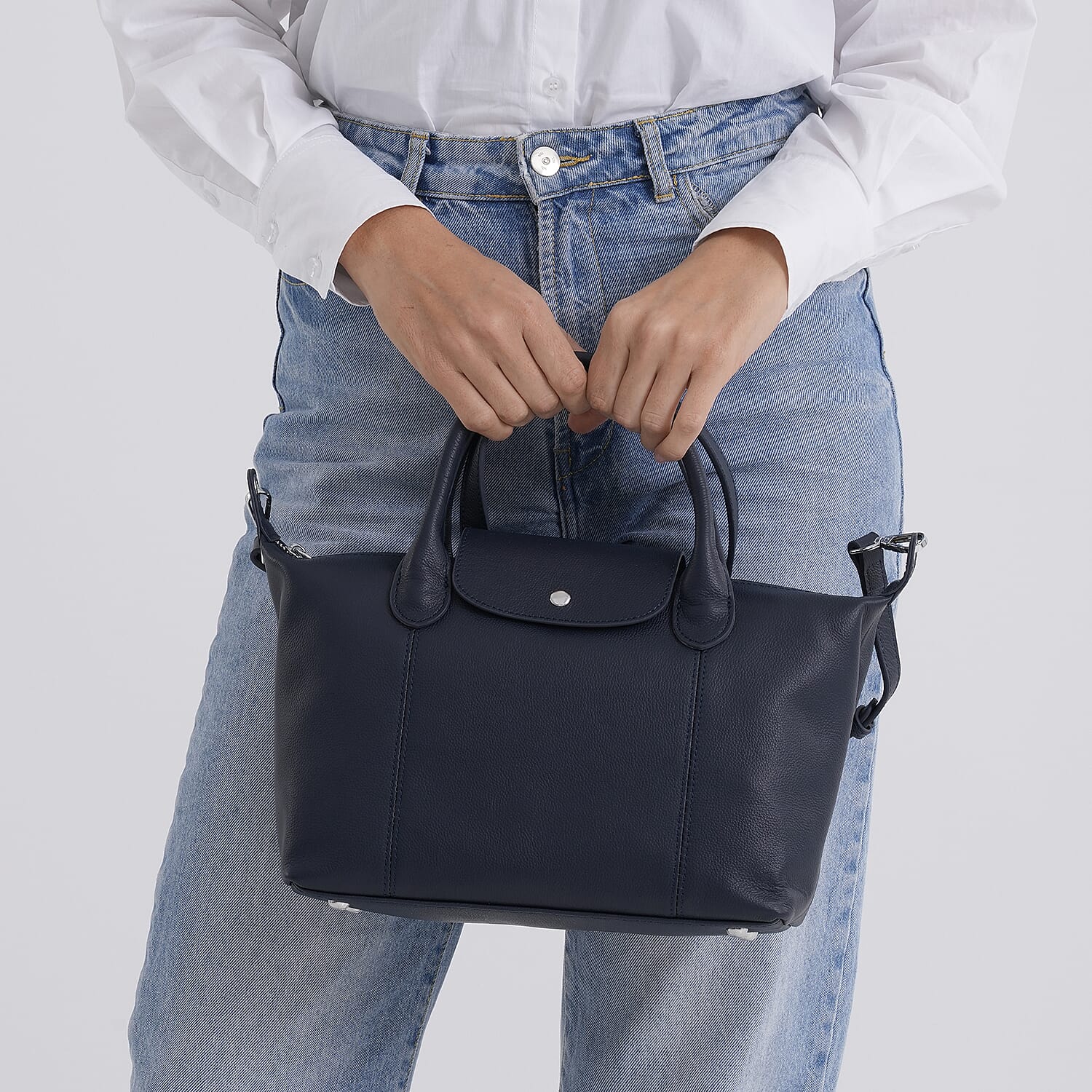 Designer Inspired Genuine Leather Structured Handbag with Adjustable Crossbody Strap - Blue