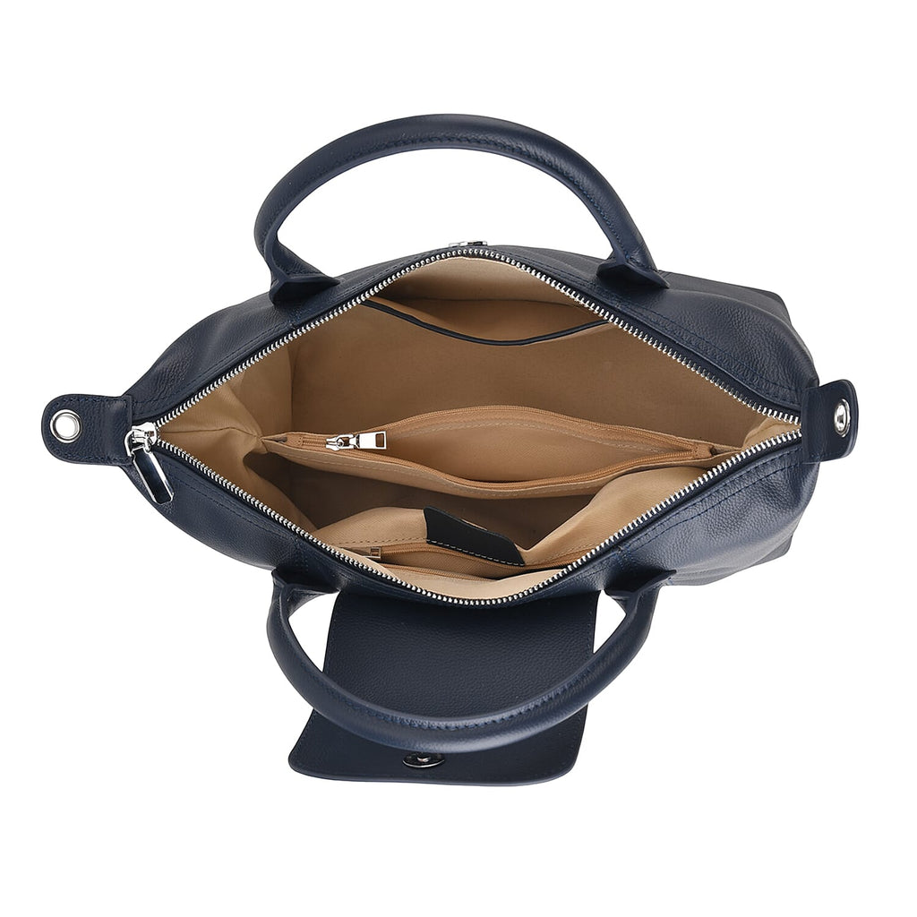 Designer Inspired Genuine Leather Structured Handbag with Adjustable Crossbody Strap - Blue