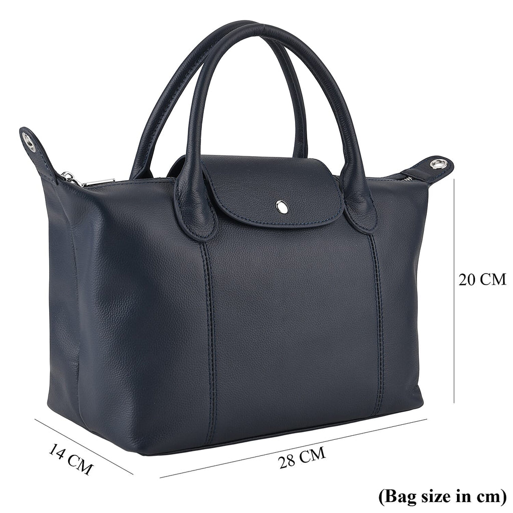 Designer Inspired Genuine Leather Structured Handbag with Adjustable Crossbody Strap - Blue