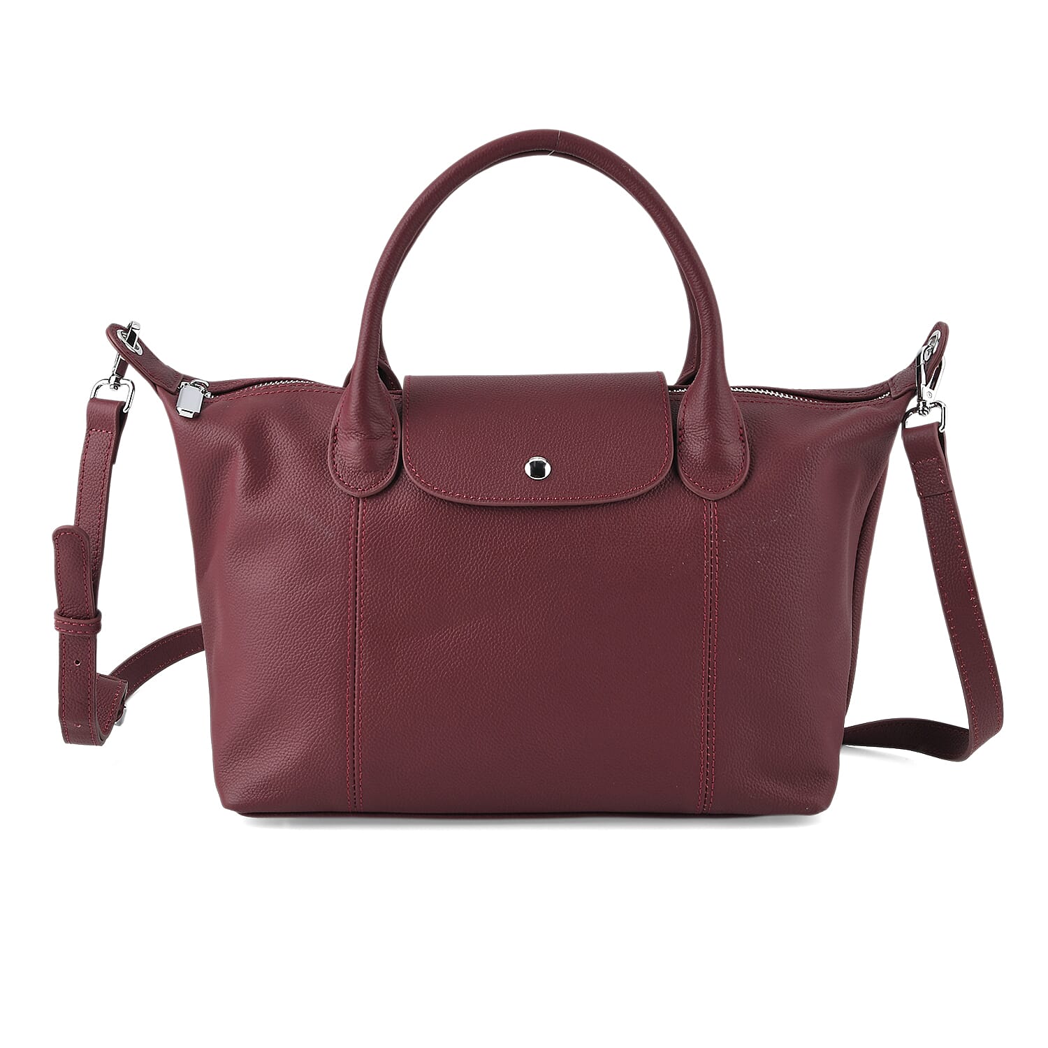 Designer Inspired Genuine Leather Structured Handbag with Adjustable Crossbody Strap - Burgundy