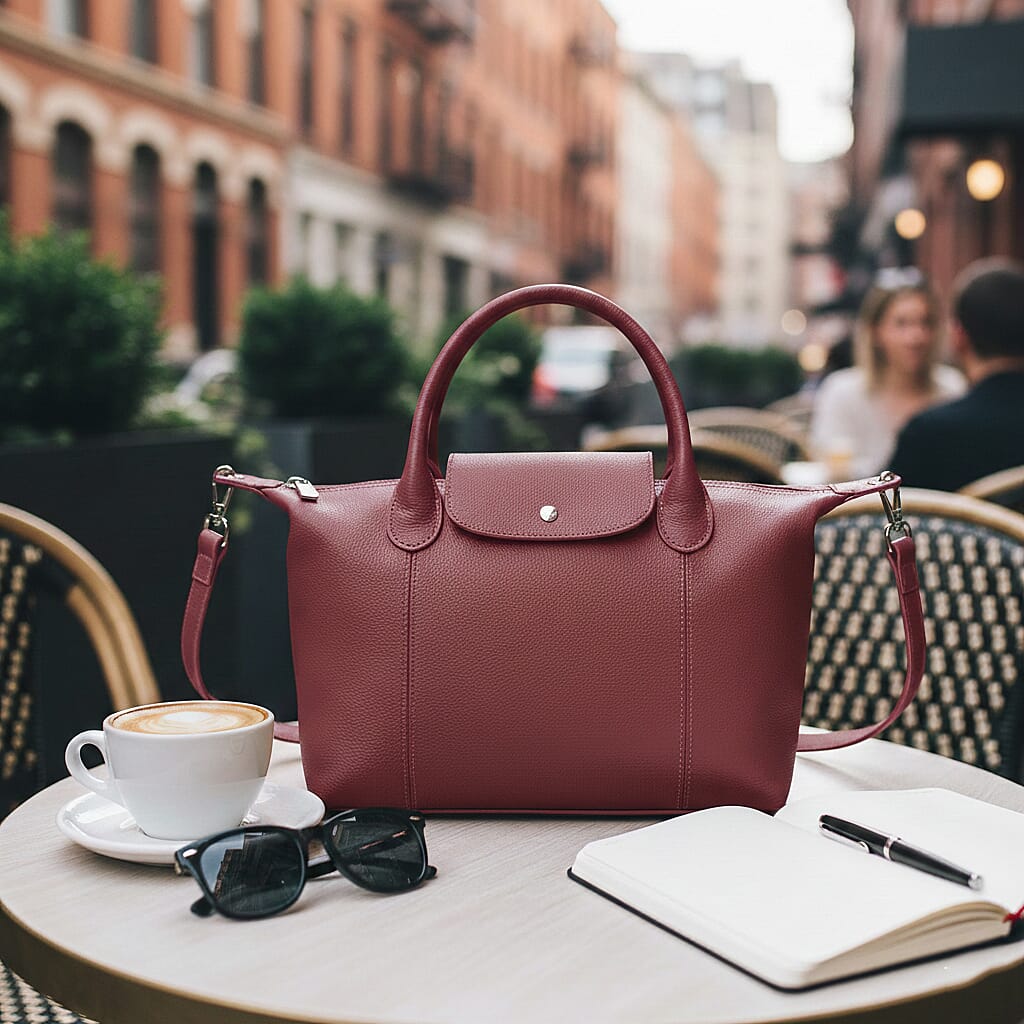 Designer Inspired Genuine Leather Structured Handbag with Adjustable Crossbody Strap - Burgundy