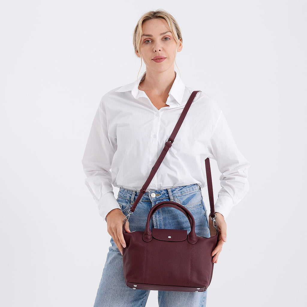 Designer Inspired Genuine Leather Structured Handbag with Adjustable Crossbody Strap - Burgundy