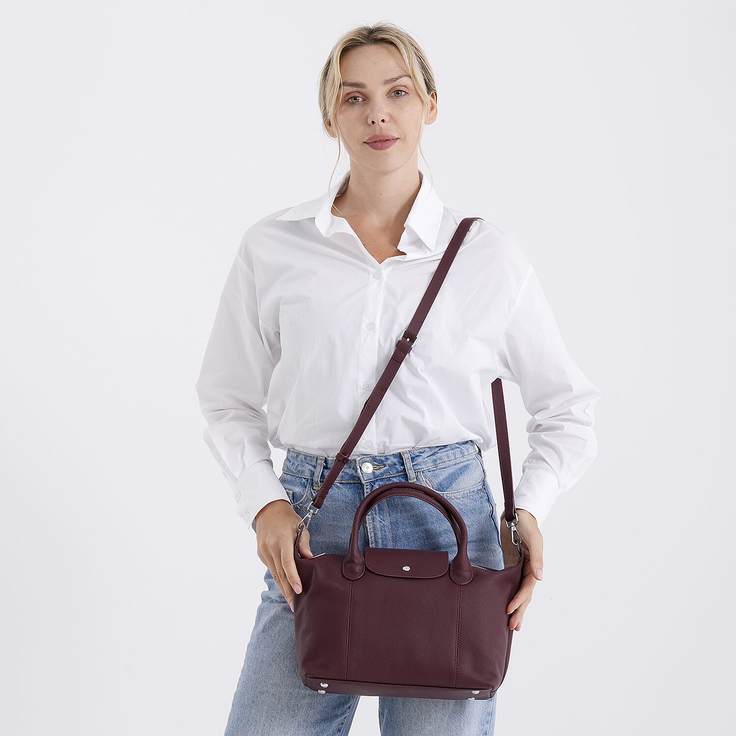 Designer Inspired Genuine Leather Structured Handbag with Adjustable Crossbody Strap - Burgundy