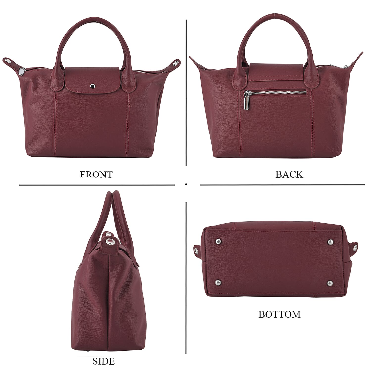 Designer Inspired Genuine Leather Structured Handbag with Adjustable Crossbody Strap - Burgundy