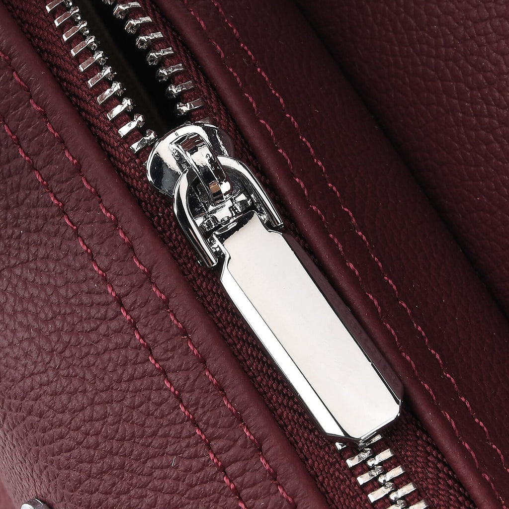 Designer Inspired Genuine Leather Structured Handbag with Adjustable Crossbody Strap - Burgundy