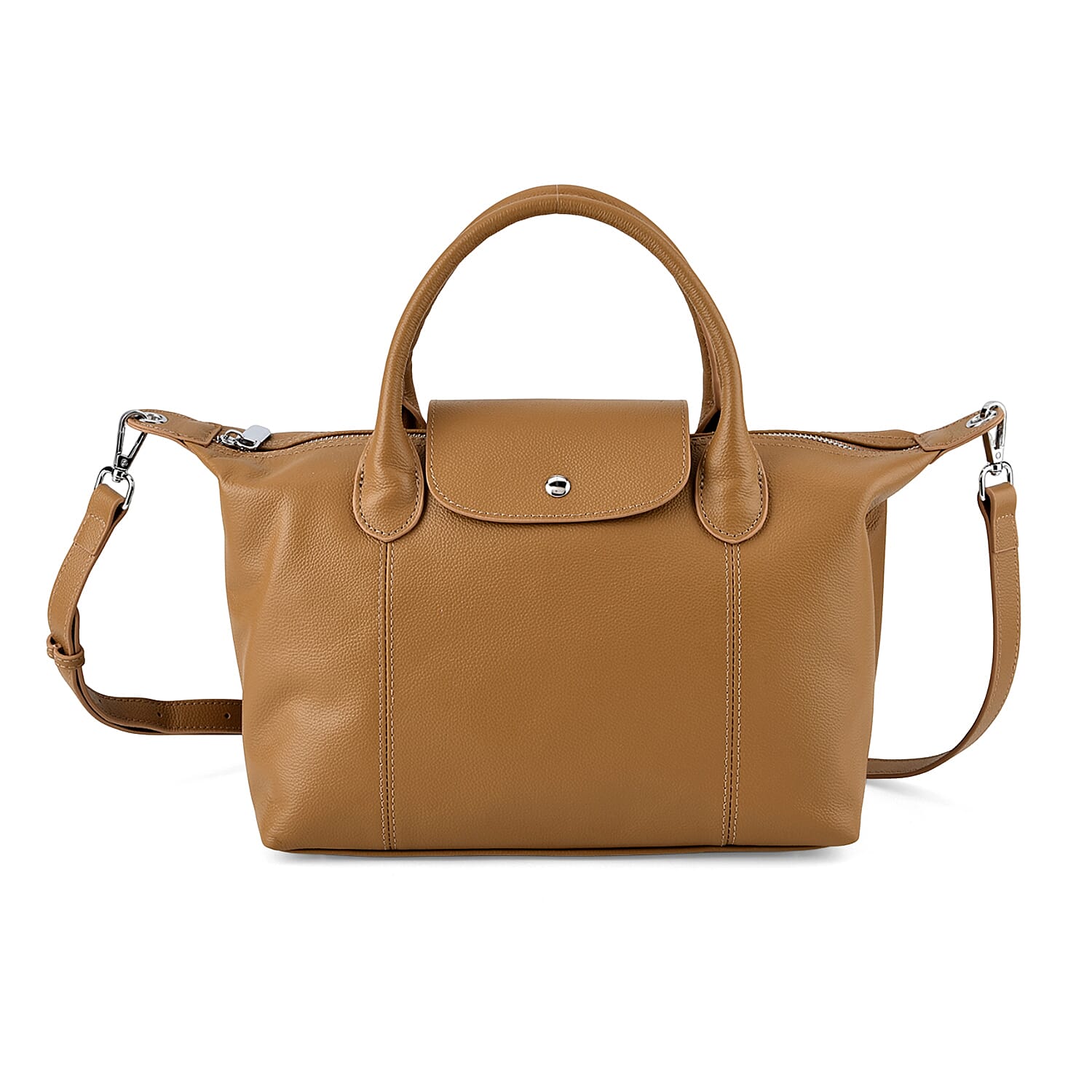 Designer Inspired Genuine Leather Structured Handbag with Adjustable Crossbody Strap - Khaki