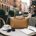 Designer Inspired Genuine Leather Structured Handbag with Adjustable Crossbody Strap - Khaki