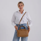 Designer Inspired Genuine Leather Structured Handbag with Adjustable Crossbody Strap - Khaki