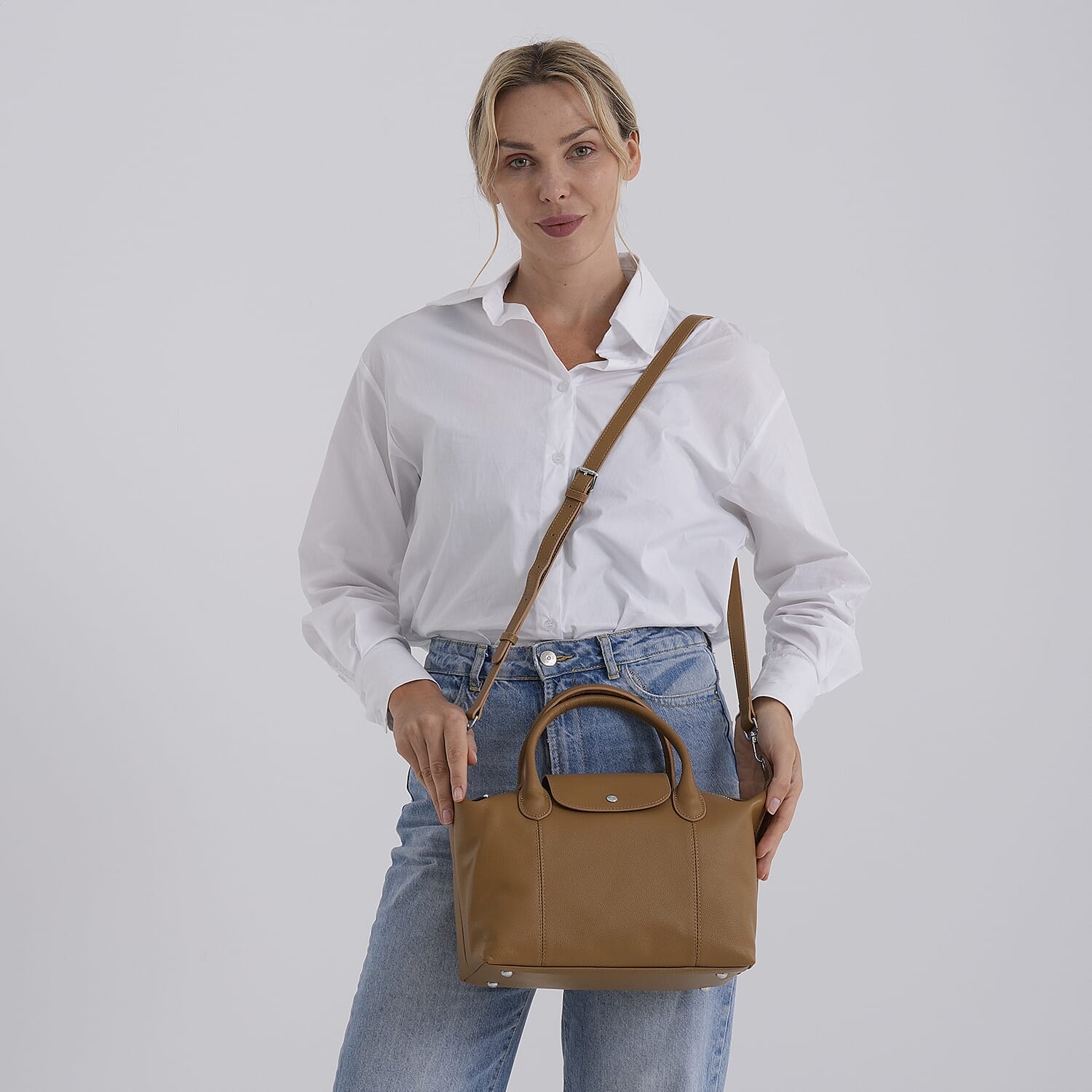 Designer Inspired Genuine Leather Structured Handbag with Adjustable Crossbody Strap - Khaki
