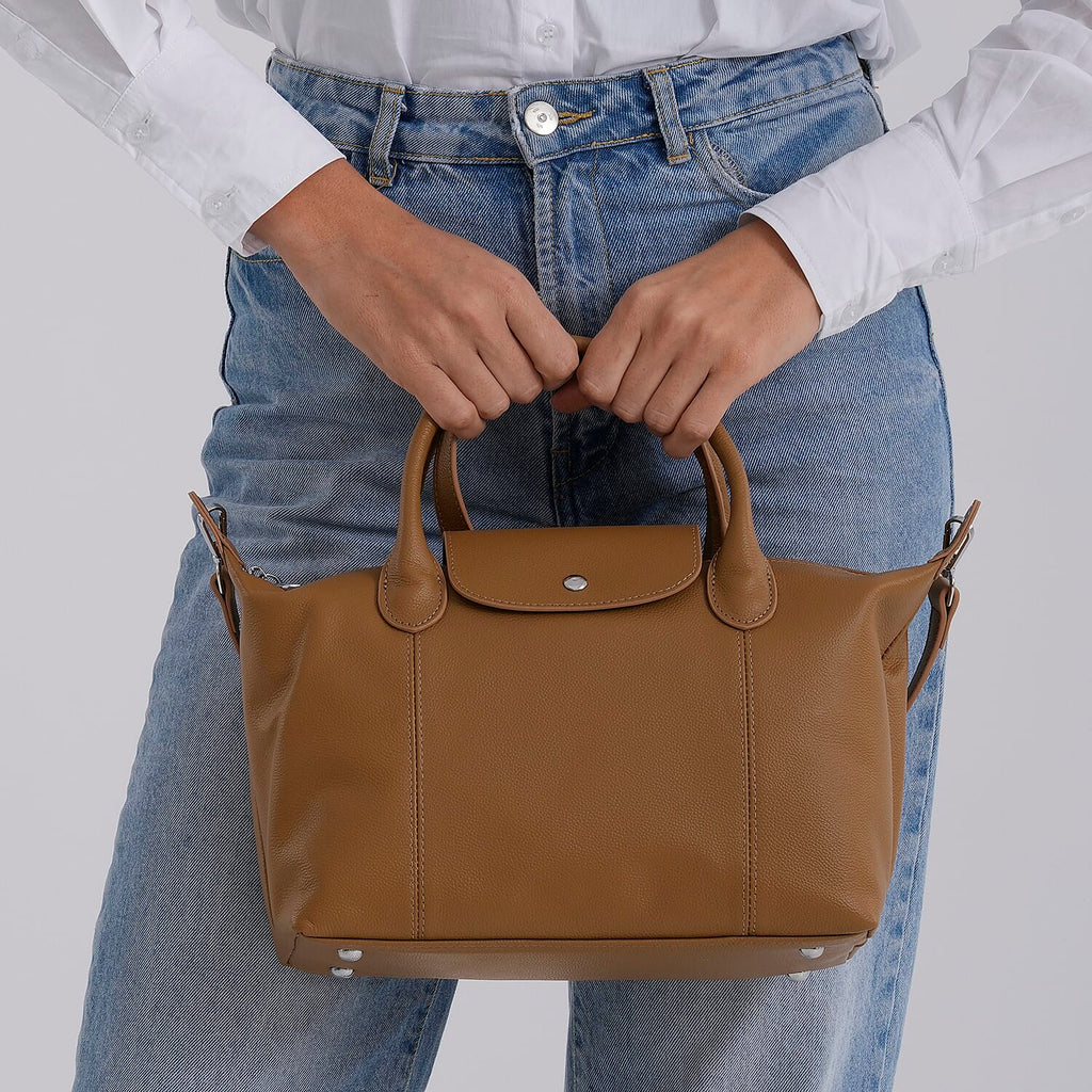 Designer Inspired Genuine Leather Structured Handbag with Adjustable Crossbody Strap - Khaki