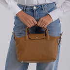 Designer Inspired Genuine Leather Structured Handbag with Adjustable Crossbody Strap - Khaki