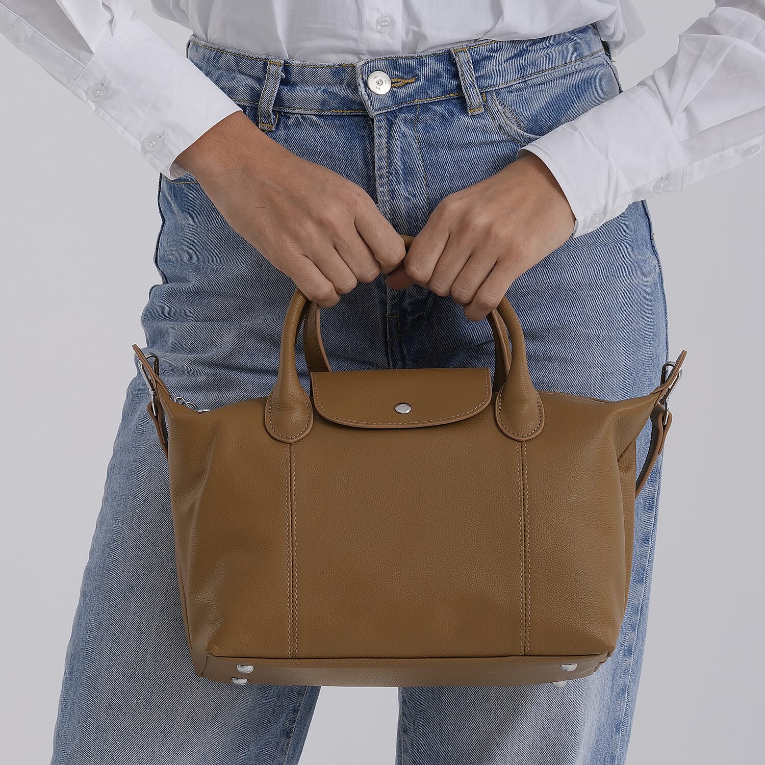 Designer Inspired Genuine Leather Structured Handbag with Adjustable Crossbody Strap - Khaki