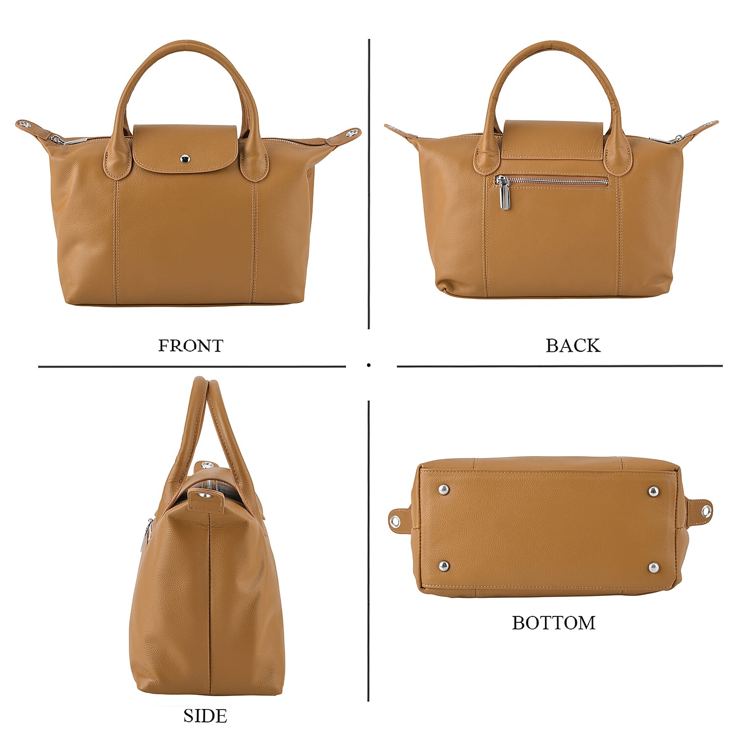 Designer Inspired Genuine Leather Structured Handbag with Adjustable Crossbody Strap - Khaki