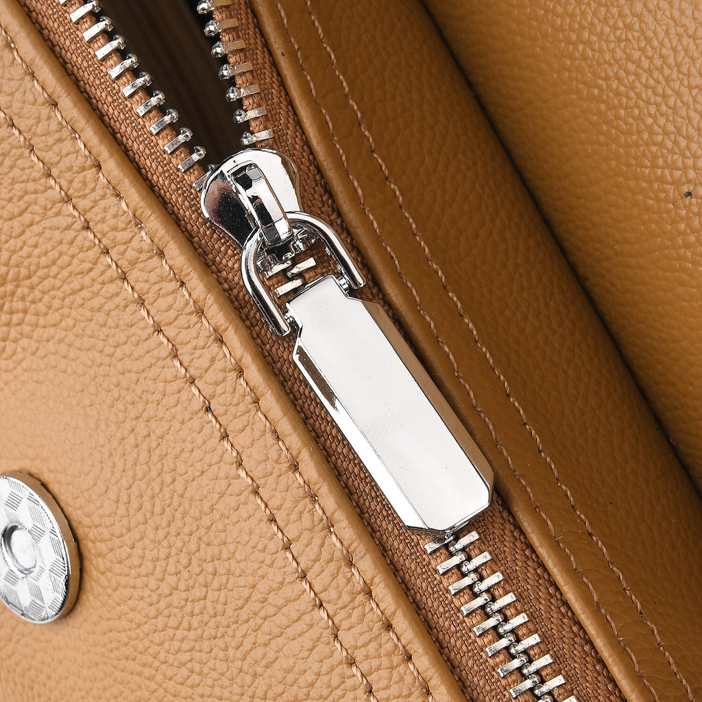 Designer Inspired Genuine Leather Structured Handbag with Adjustable Crossbody Strap - Khaki
