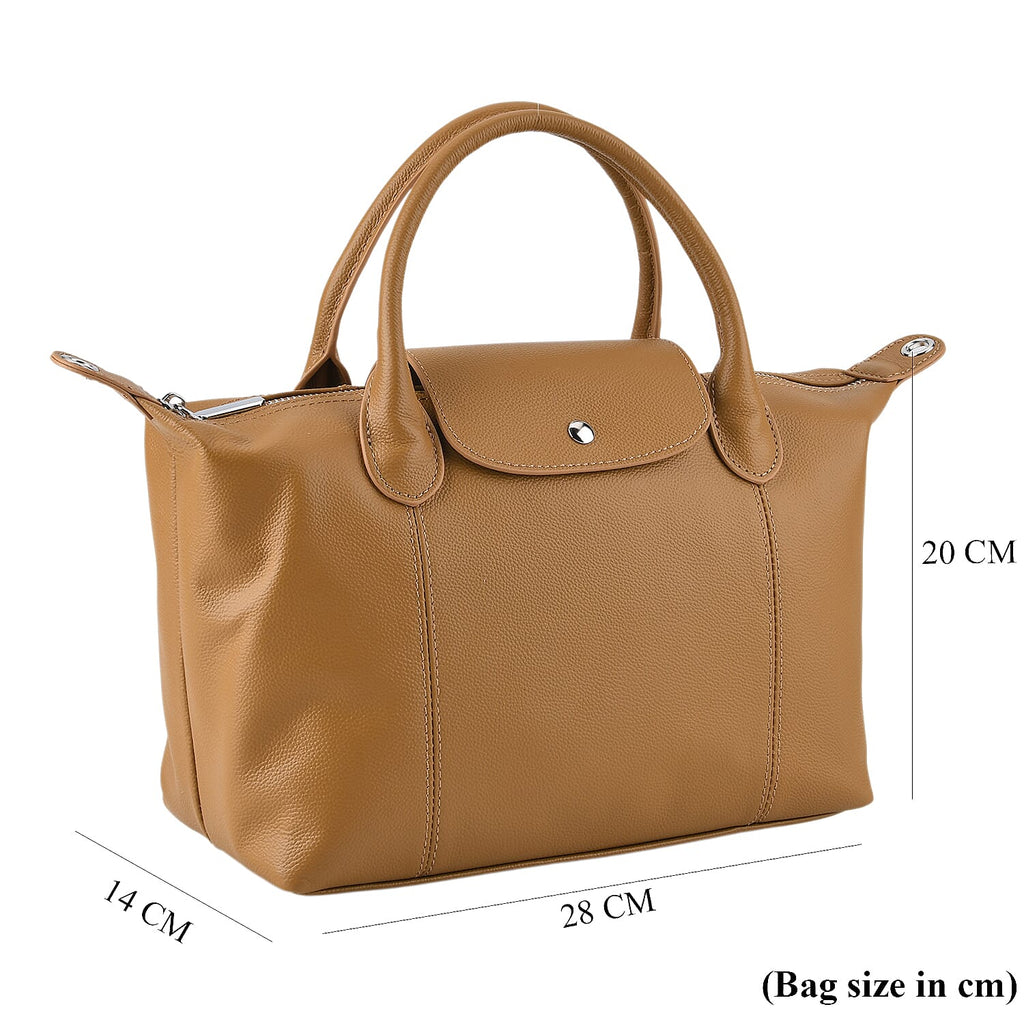 Designer Inspired Genuine Leather Structured Handbag with Adjustable Crossbody Strap - Khaki