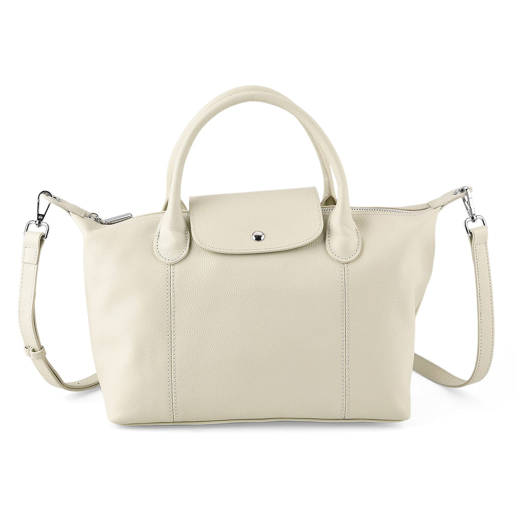 Designer Inspired Genuine Leather Structured Handbag with Adjustable Crossbody Strap - Off White