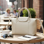 Designer Inspired Genuine Leather Structured Handbag with Adjustable Crossbody Strap - Off White