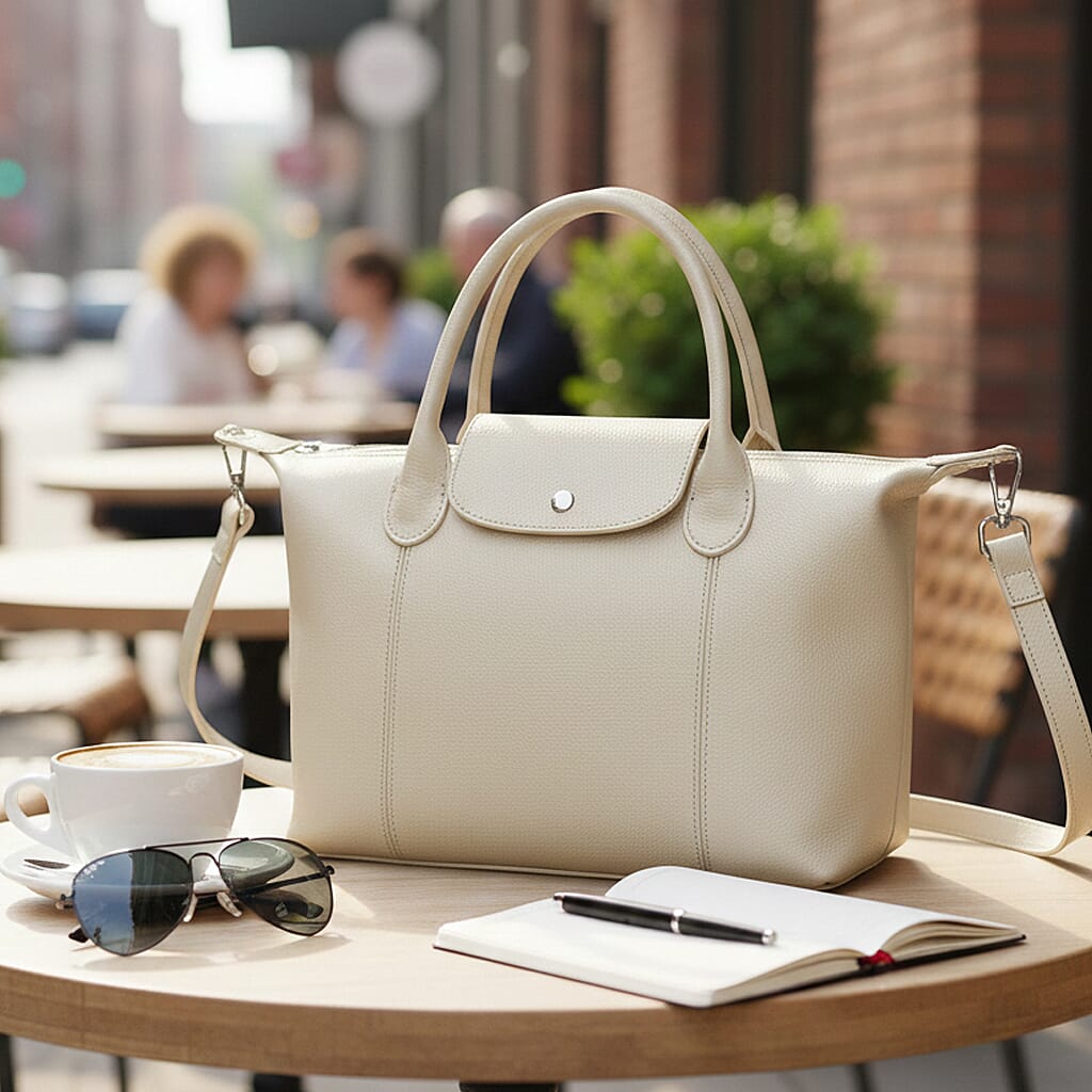 Designer Inspired Genuine Leather Structured Handbag with Adjustable Crossbody Strap - Off White