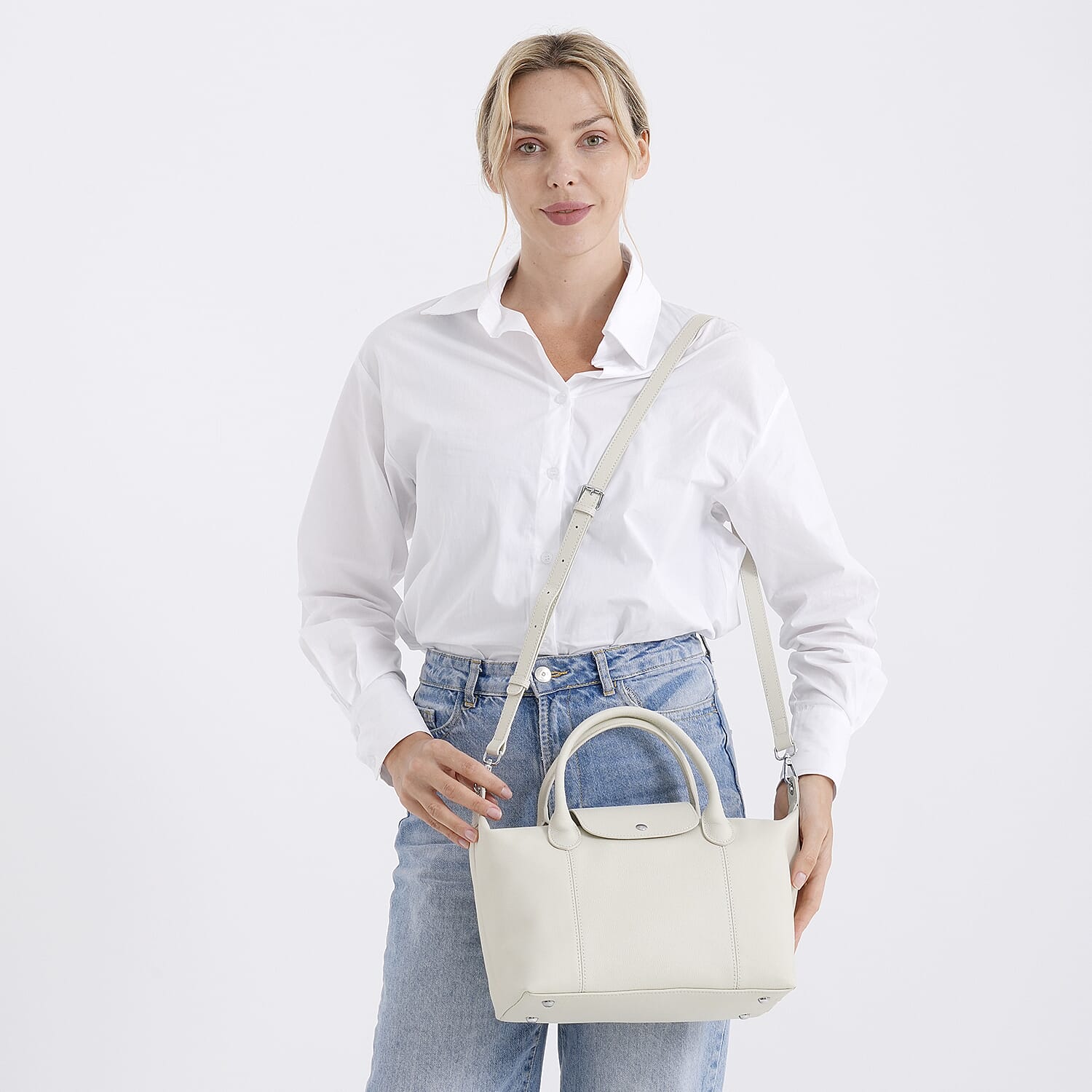 Designer Inspired Genuine Leather Structured Handbag with Adjustable Crossbody Strap - Off White