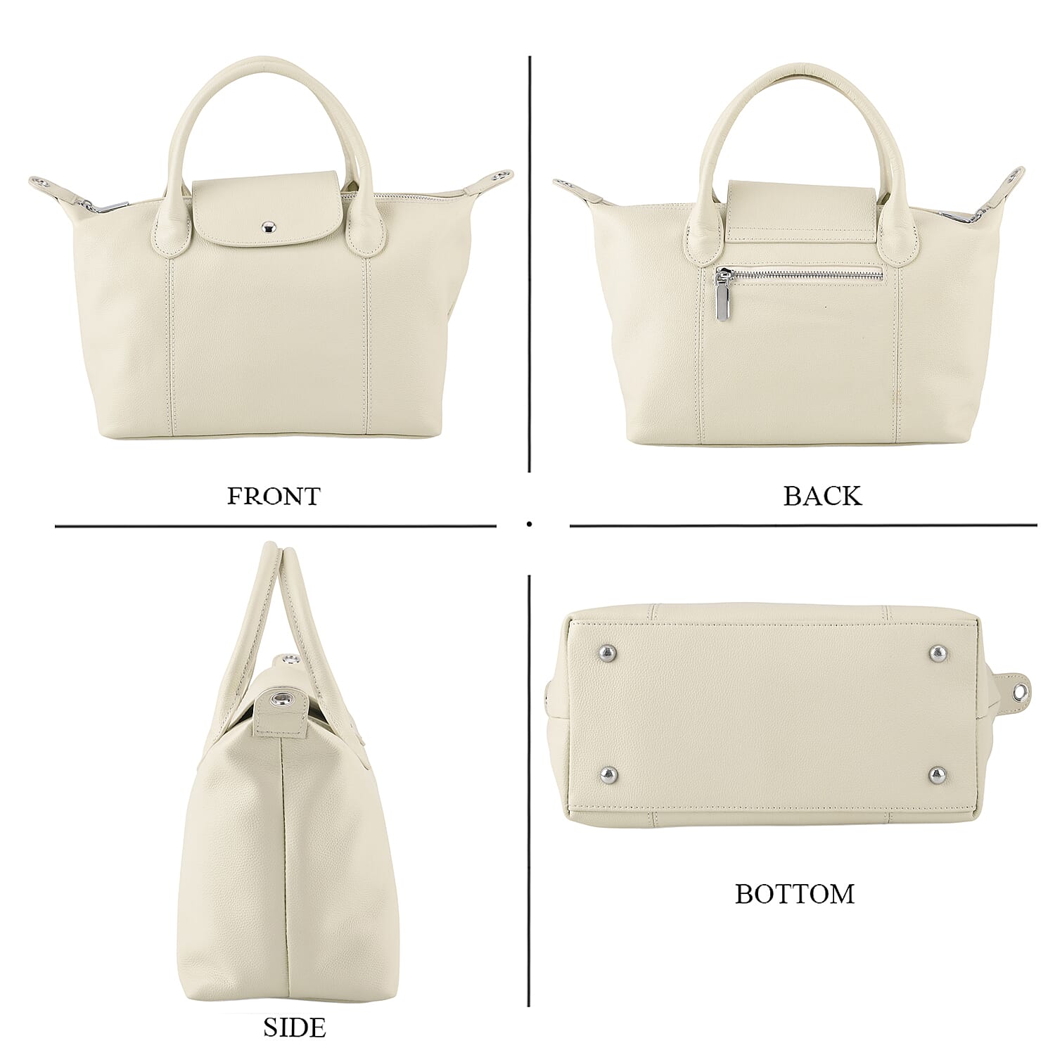 Designer Inspired Genuine Leather Structured Handbag with Adjustable Crossbody Strap - Off White